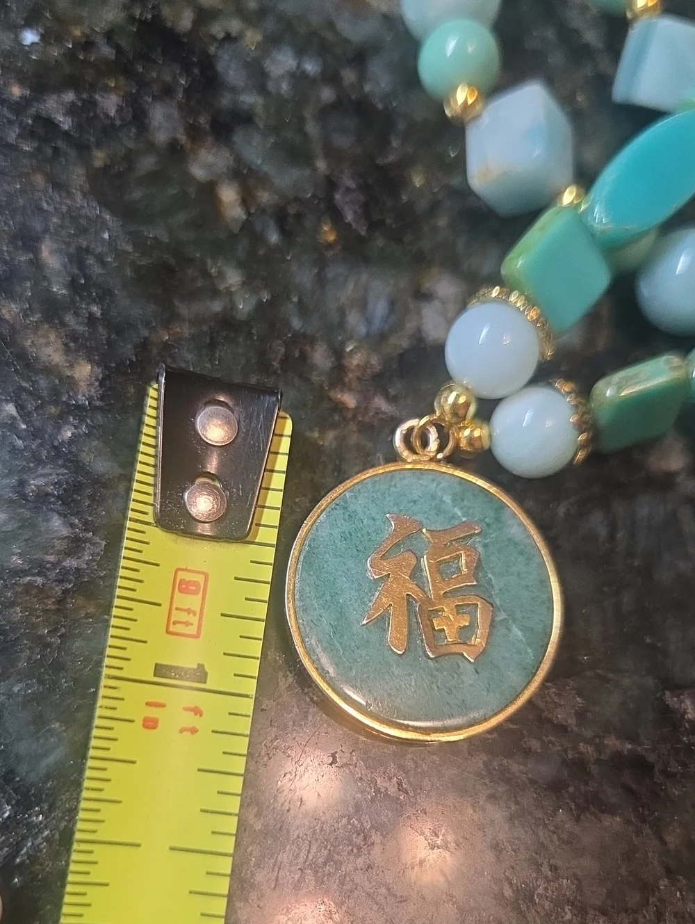 10K Solid Gold Aisan Jade Pendant On Amazonite & Glass Beads Necklace & Earring